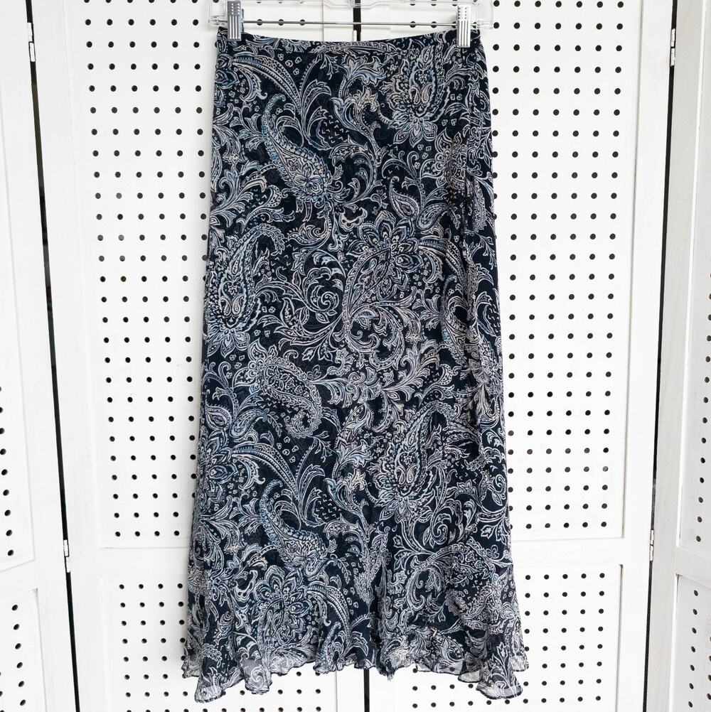 Dana Buchman 100% Silk Blue Paisley Maxi Skirt Womens SIZE 4 Petite